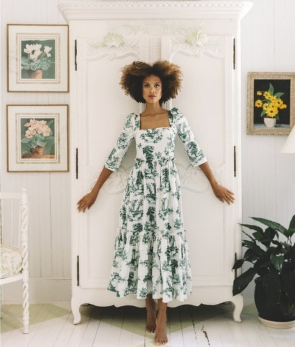 $695 Cara Cara Blue Hill Forest Toile Green Square Neck Cotton Midi Tiered Dress